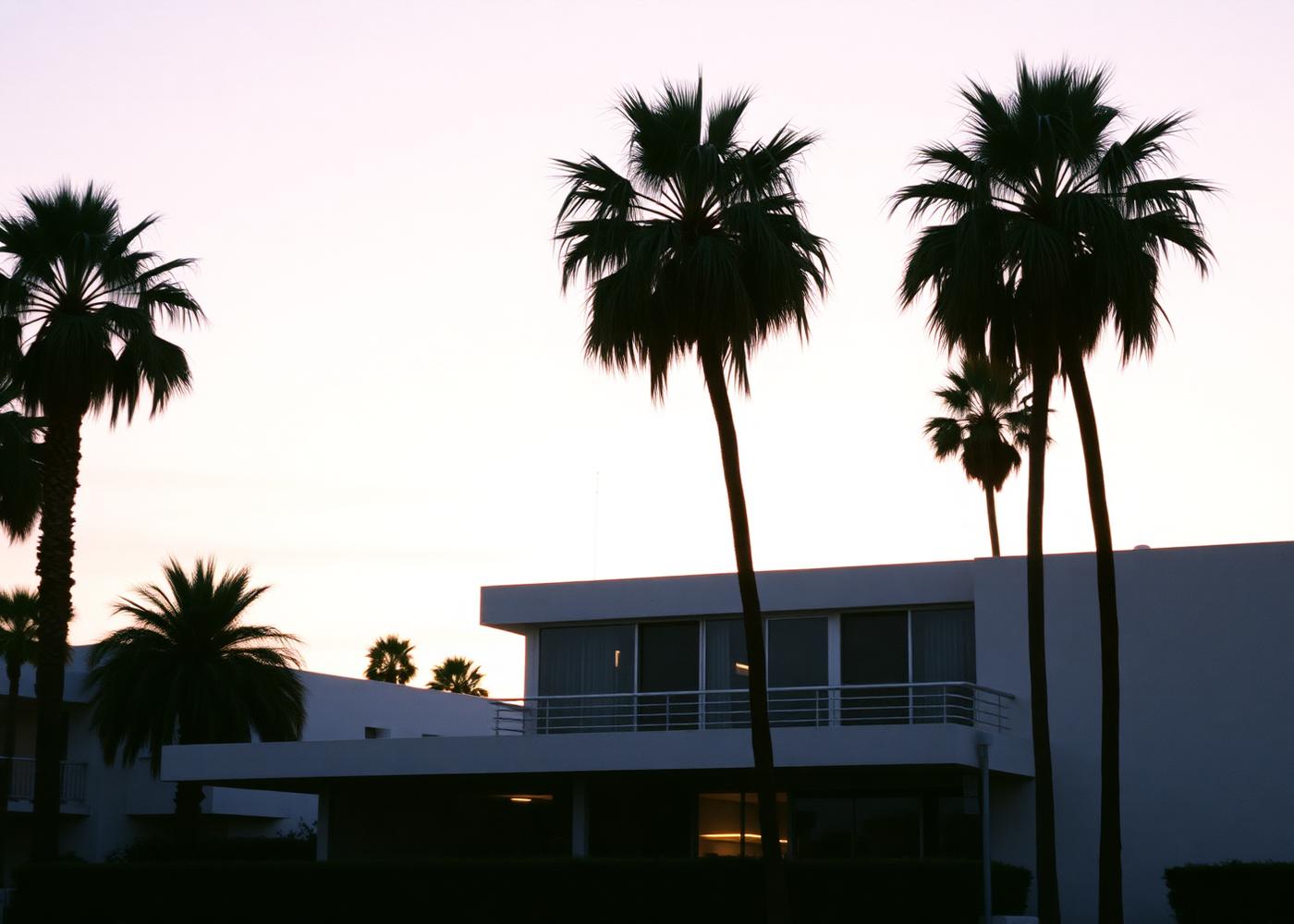 Modernist Los Angeles building framed by palm trees at dusk