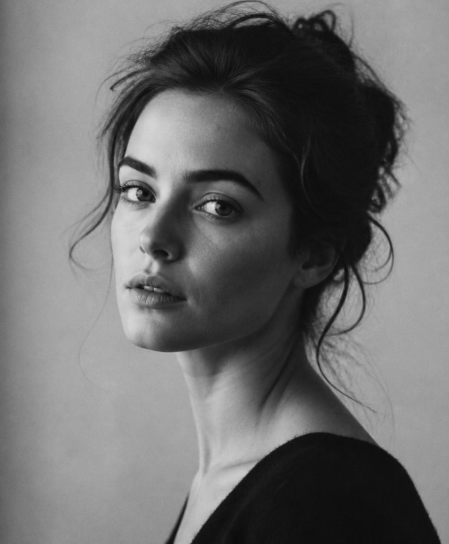 Black and white studio portrait in soft window light